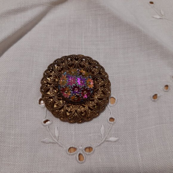 Vintage Fancy Scarf Clip Iridescent Floral Filigree West Germany - Picture 6 of 12